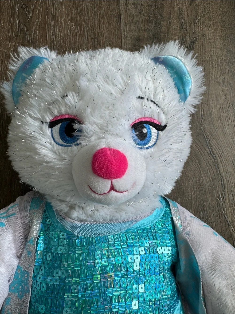 Build A Bear Elsa Plush White Bear in Turquoise Sequin Dress and Shoes